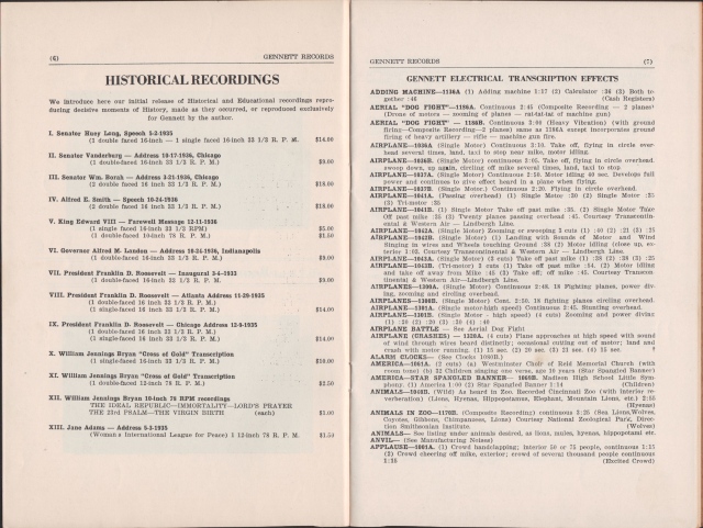 1942 Gennett Records Sound Effects cat. Historical Recordings page 6 and 7
